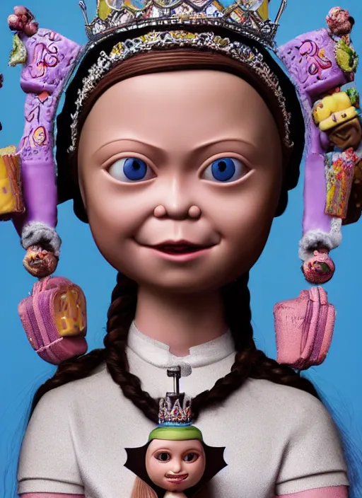 Image similar to closeup face profile portrait of tin toy greta thunberg as a nun princess wearing a crown eating cakes, bikini, depth of field, zeiss lens, detailed, symmetrical, centered, fashion photoshoot, by nicoletta ceccoli, mark ryden, lostfish, breathtaking, 8 k resolution, extremely detailed, beautiful, establishing shot, artistic, hyperrealistic, octane render