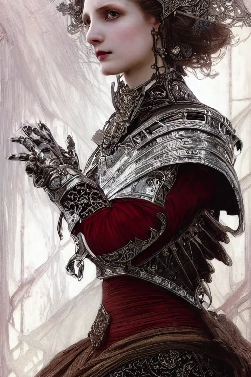 Image similar to beautiful luxury and elite and victorian and holy medieval female red and white silver mirror color armor knight portrait+smoky eyes+light flowing brown hair, in ruin gothic cathedral, ultradetail face, art and illustration by tian zi and craig mullins and WLOP and alphonse mucha, fantasy, intricate complexity, human structure, fantasy world concept, watermark, blurry, hyperrealism 8k