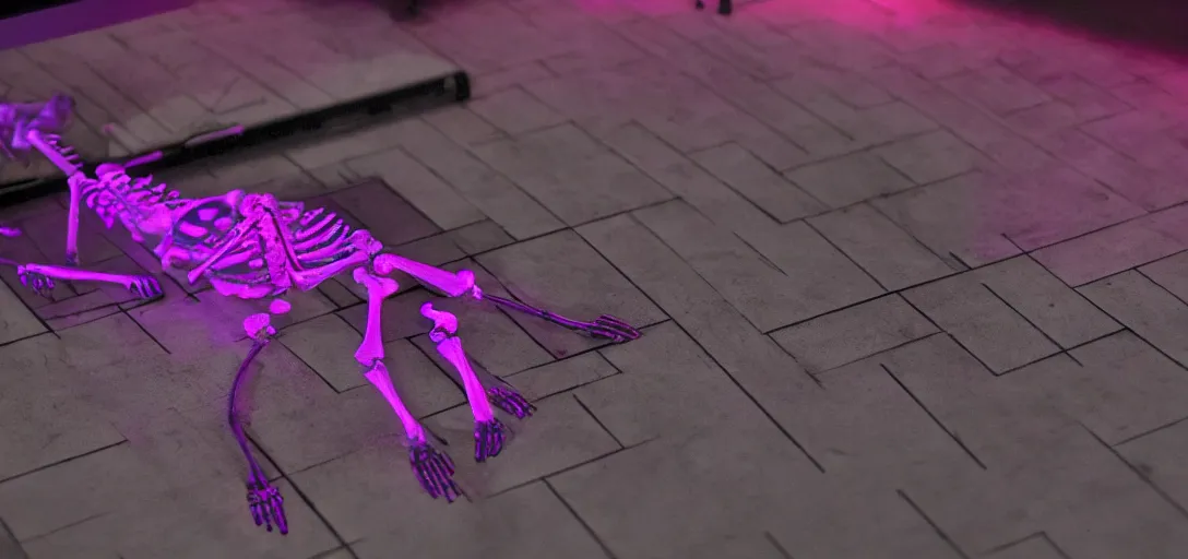 Image similar to the skeleton lies on the ground in front of the computer, magenta and blue, dof, neon