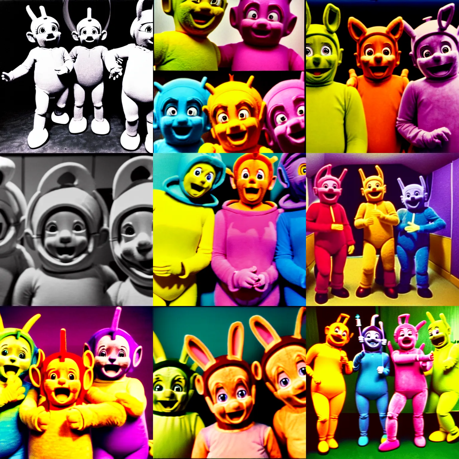 Prompt: 1 9 9 0 teletubbies in the backrooms, animatronics, low key, disturbing, grimace faces, found footage, claustrophobic