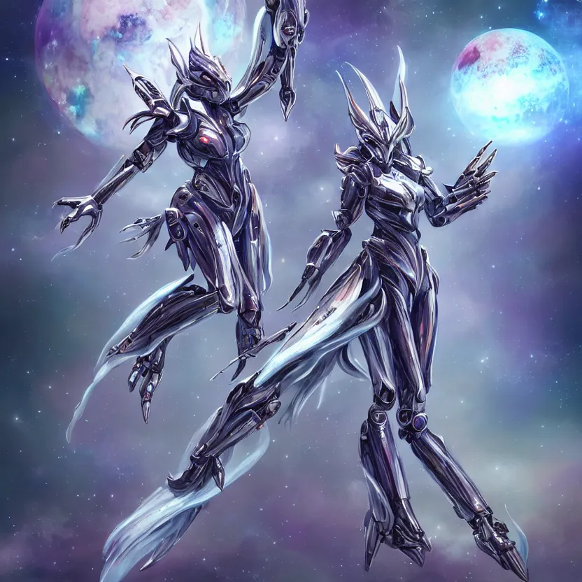 Image similar to goddess shot, galactic sized stunning beautiful anthropomorphic robot mecha female dragon, in space, larger than planets, posing elegantly, the earth a mere marble in her claws, detailed silver armor, epic proportions, epic scale, detailed digital art, ultra detailed, furry art, macro art, dragon art, giantess, warframe fanart, furaffinity, deviantart, realistic