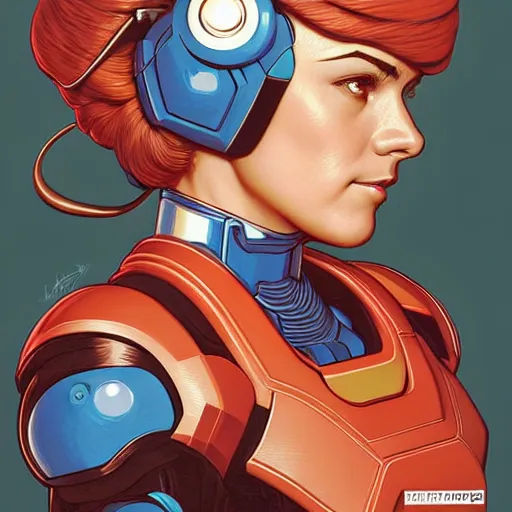 Prompt: head and shoulders portrait of a female Megaman, illustration, medium shot, intricate, elegant, highly detailed, digital art, ffffound, art by JC Leyendecker and sachin teng