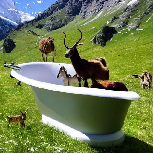 Prompt: dragonfly in a bathtub in the alps, big ibex!!!!!!! in the background, with goats!! on grass