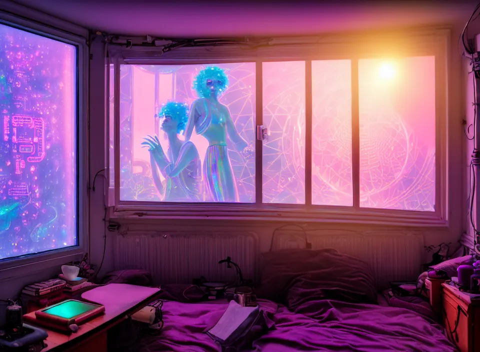 Image similar to telephoto 7 0 mm f / 2. 8 iso 2 0 0 photograph depicting the experience of dreamstate in a cosy cluttered french sci - fi ( art nouveau ) cyberpunk apartment in a pastel dreamstate art cinema style. ( iridescent terrarium, computer screens, window, leds, lamp, ( ( ( bed ) ) ) ), ambient light.