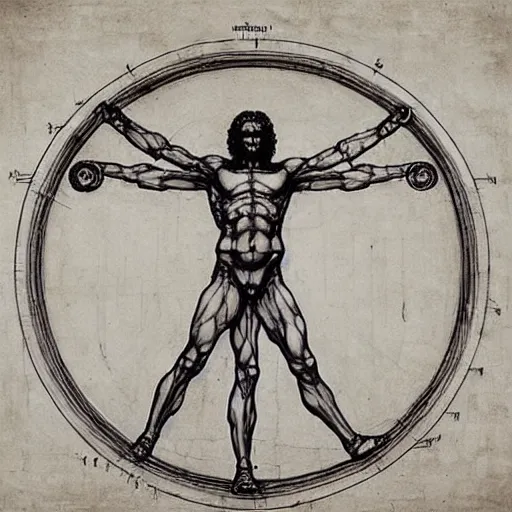 Prompt: super sentai vitruvian man by leonardo da vinci and james jean, renaissance