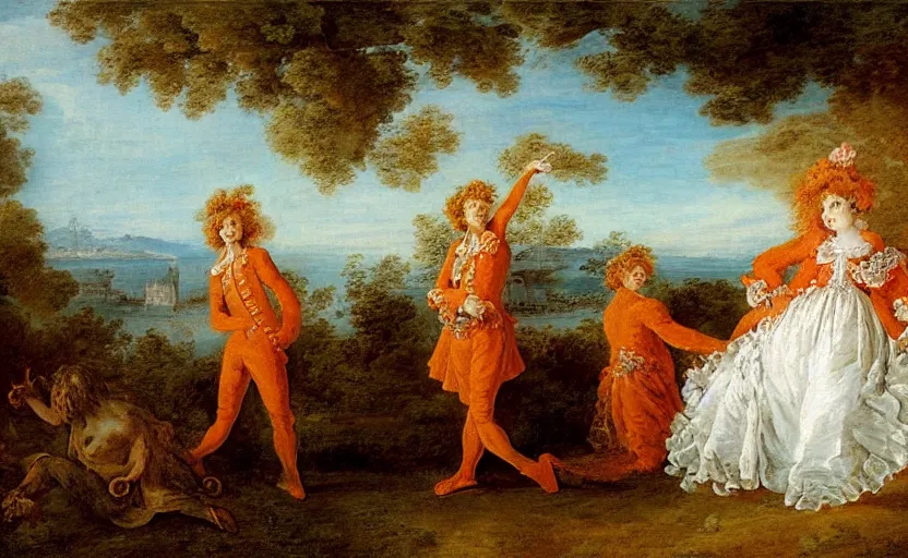 Image similar to oil painting of a house made of cheetos, beach in the background, rococo style, in the style of antoine watteau, johann baptist zimmerman, extremely detailed