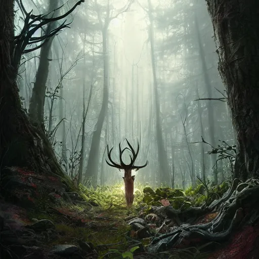 Image similar to highly detailed creepy forest creature with antlers, stephen bliss, unreal engine, fantasy art by greg rutkowski, loish, rhads, ferdinand knab, makoto shinkai and lois van baarle, ilya kuvshinov, rossdraws, tom bagshaw, global illumination, radiant light, detailed and intricate environment