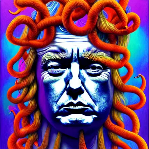 Image similar to an extremely psychedelic portrait of donald trump as medusa, surreal, lsd, face, detailed, intricate, elegant, lithe, highly detailed, digital painting, artstation, concept art, smooth, sharp focus, illustration