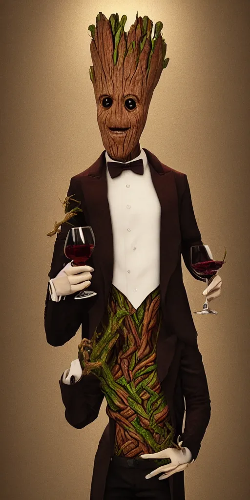 Image similar to realistic groot as a gentleman wearing tuxedo drinking wine, digital art, trending on artstation, behance, octane, intricate, ornate, photorealistic, hyper realism, high detail, movie shot, studio lighting, 8 k, vivid colors, smooth gradients, cinematic