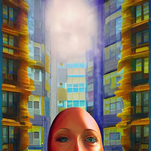 Image similar to giant flower under head, woman next to modern windows, luxury apartment, surreal photography, dramatic light, impressionist painting, digital painting, artstation, arthur adams