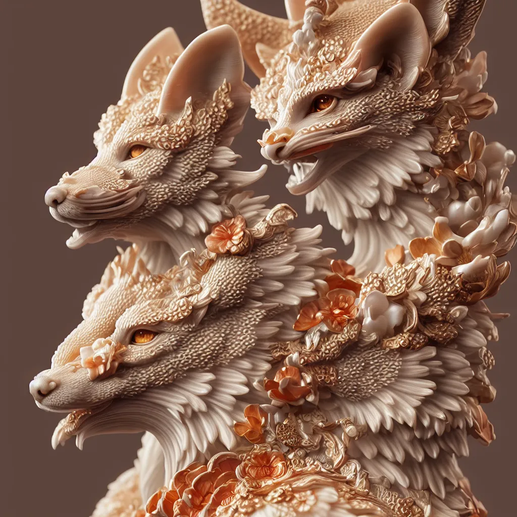 Image similar to a closeup photo - real delicate ceramic porcelain sculpture of an ornate detailed kitsune in front of an intricate background by rafael, micro detail, backlit lighting, subsurface scattering, translucent, thin porcelain, octane renderer, colorful, physically based rendering, trending on cgsociety