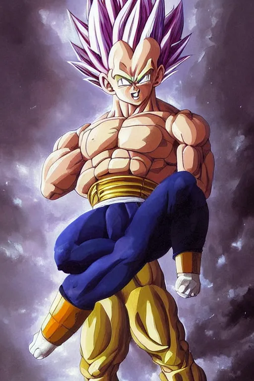 Prompt: a beautiful professional painting of vegeta from dragon ball by louis remy mignot, greg rutkowski, ilya repin, nice lighting, smooth tiny details, soft and clear shadows, low contrast, fashion photograhy, perfect