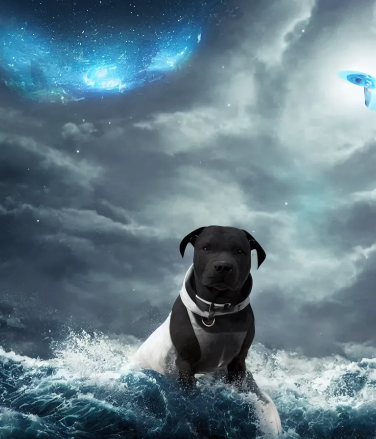 Image similar to photo of a dark gray coat pit bull with a white paws and a white nose!, surfing on a surfboard in a crashing wave of alien galaxy, trending on art station, ocean in space, background is an alien galaxy, aliens in the background, alien colors, octane render, unreal engine, wide view, 8 k, highly detailed