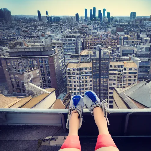 Image similar to A girl in a hoodie and jeans sits on a roof with their legs dangling off the edge looking at the cityscape