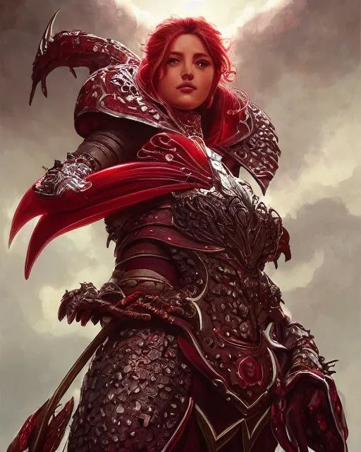 Prompt: Portrait of a Fantasy crimson knight, moonlit, HD, illustration, epic, D&D, fantasy, intricate, elegant, highly detailed, digital painting, artstation, concept art, smooth, sharp focus, illustration, art by artgerm and greg rutkowski and alphonse mucha, monster hunter illustrations art book