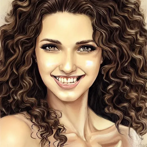 Image similar to beautiful female angel, brunette with big smile and curly hairstyle, looks like Ebru Şahin, Reyyan, looks like Fabiula Nascimento, looks like Laura Barriales, D&D, fantasy, intricate, elegant, highly detailed, digital painting, artstation, concept art, character design, smooth, sharp focus, illustration, art by artgerm and greg rutkowski and alphonse mucha