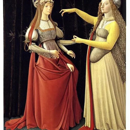 Image similar to portrait of a white labrododdle dressed as an italian queen, painting by botticelli, 1 4 8 0 s