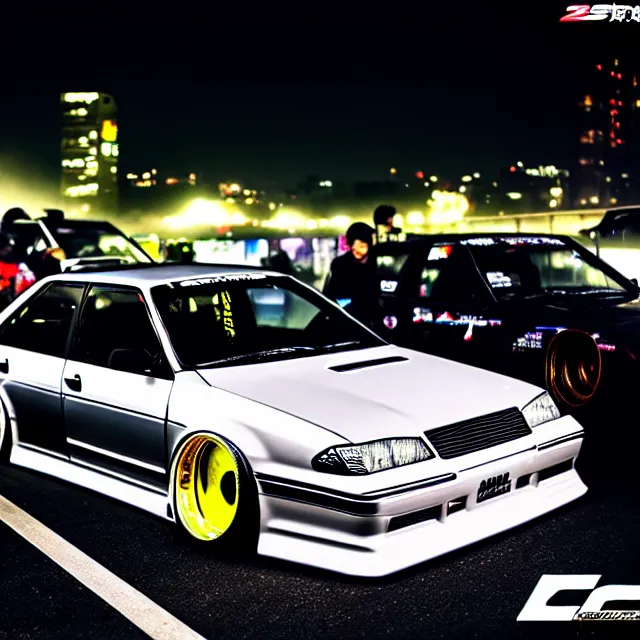 Image similar to a car JZX90 twin turbo drift at illegal car meet, Saitama prefecture, city midnight mist lights, cinematic lighting, photorealistic, highly detailed wheels, high detail