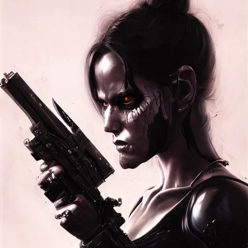 Image similar to t - 8 0 0 terminator as a goth girl, fantasy, intricate, elegant, highly detailed, digital painting, artstation, concept art, matte, sharp focus, illustration, art by aenaluck and roberto ferri and greg rutkowski, epic fantasy, digital painting