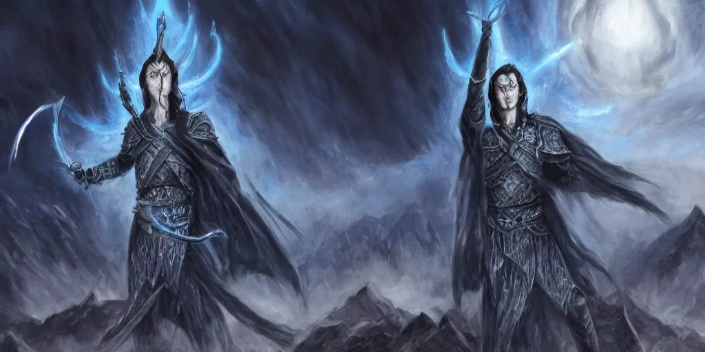 Prompt: Fingolfin, the Highking of the Noldor with black hair and blue, glowing eyes, fighting Melkor, the Dark Lord and Master of all evil in front of his dark and gigantic fortress Angband, photorealism, artstation, 3d