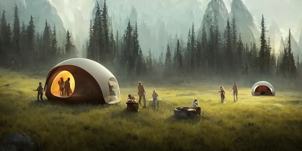 Image similar to cabela's tent futuristic pop up family pod, cabin, modular, person in foreground, mountainous forested wilderness open fields, beautiful views, painterly concept art, joanna gaines, environmental concept art, farmhouse, magnolia, concept art illustration by ross tran, by james gurney, by craig mullins, by greg rutkowski trending on artstation