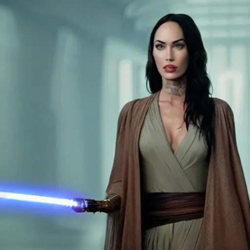 Image similar to Still of Megan Fox on the Jedi Council, Star Wars ,Cinematic Lighting, beautiful composition, 8K resolution