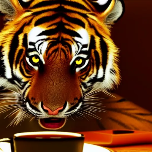 Prompt: a dramatic photograph of excited tiger enjoying tea , cinematic lighting
