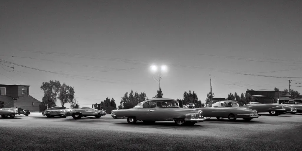 Prompt: detailed sharp photograph in the style of popular science circa 1 9 5 5 and gregory crewdson of a 1 9 5 0 s drive in summer night