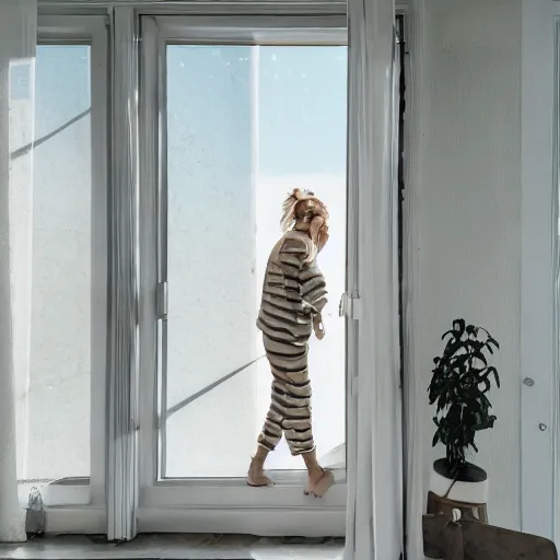 Image similar to person in pyjamas standing near window, sun rays, daylight, big french door window, big spatious room, 2 4 mm, walls left and right, window at the center, wooden floor, modern, pastel palette, winter sun, photorealistic, high ceiling