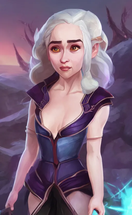 Image similar to Emilia Clarke as a character in the game League of Legends, with a background based on the game League of Legends, detailed face, old 3d graphics