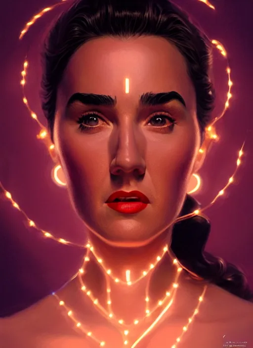 Image similar to portrait of 1 9 5 0 s darna, jennifer connelly, intricate, elegant, glowing lights, highly detailed, digital painting, artstation, glamor pose, concept art, smooth, sharp focus, illustration, art by wlop, mars ravelo and greg rutkowski