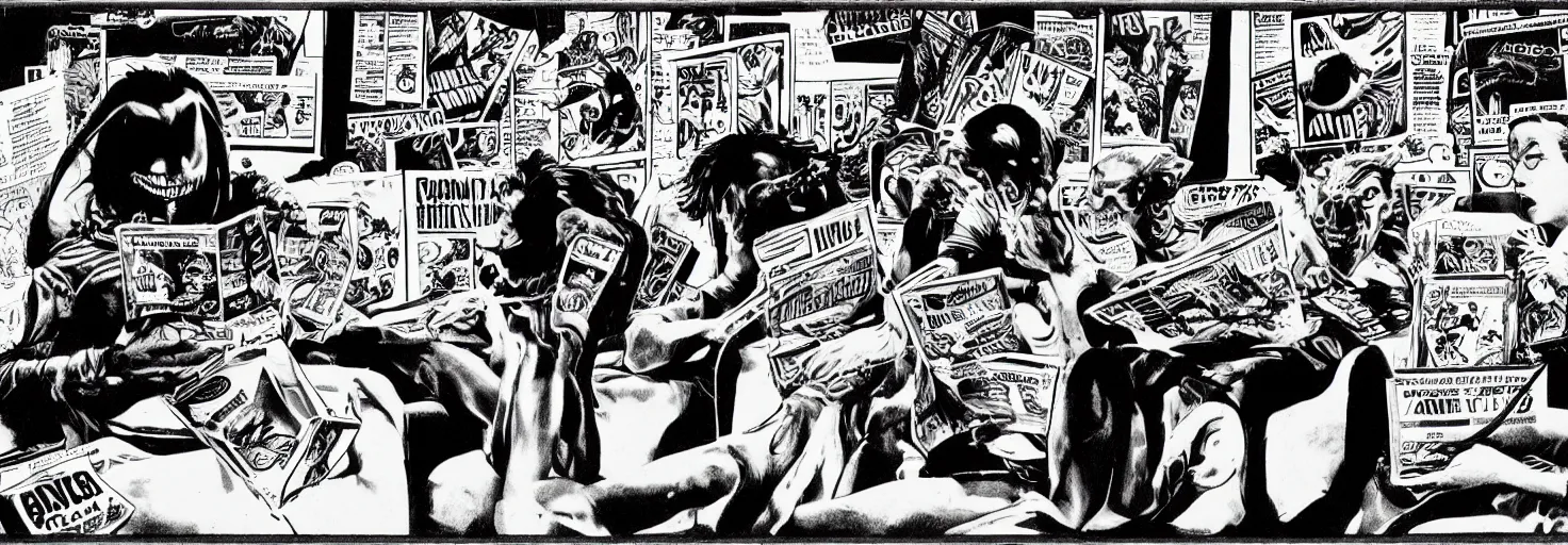 Prompt: a black and white photo of aliens reading comic books, photography, surreal, pulp, photorealism