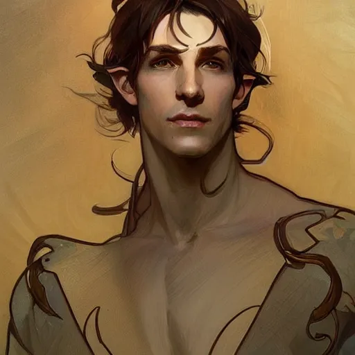 Prompt: digital character concept art by artgerm and greg rutkowski and alphonse mucha. clear portrait of a male half elf bard with light brown hair, light effect. hyper detailed, glowing lights!! intricate, elegant, digital painting, artstation, smooth, sharp focus