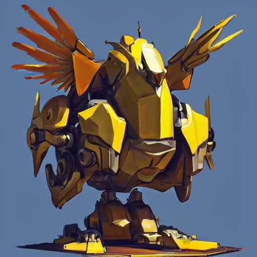 Prompt: greg manchess portrait painting of fully armored chocobo on top of a huge mecha as overwatch character, totally whack, medium shot, asymmetrical, profile picture, organic painting, sunny day, matte painting, bold shapes, hard edges, street art, trending on artstation, by huang guangjian and gil elvgren and sachin teng