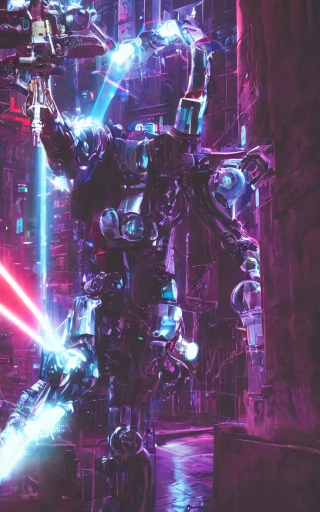 Prompt: Robotic Pope shooting bright lasers out of his hands, 80s, science fiction, cyberpunk, neon, low angle shot, cross, pope, movie poster, futuristic, pontifex