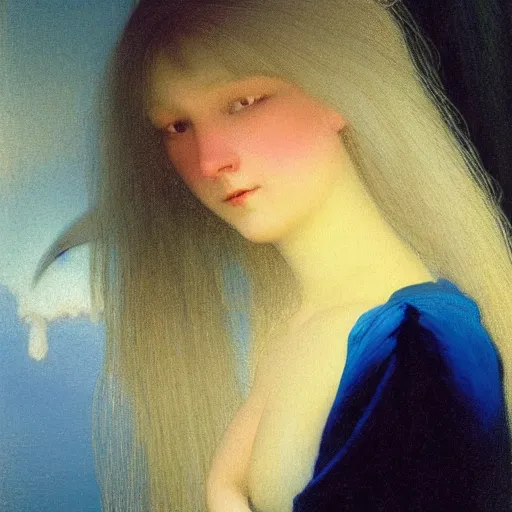 Prompt: a young woman's face, her hair is white and she wears a cobalt blue satin cloak, by ivan aivazovsky and syd mead and moebius and gaston bussiere and roger dean and pieter claesz and paul delaroche and alma tadema and aelbert cuyp and john berkey, hyperrealistic, volumetric light, octane render