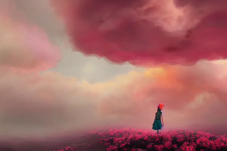 Image similar to giant dahlia flower crown under head, girl walking on mountain, surreal photography, pink storm clouds, dramatic light, impressionist painting, digital painting, artstation, simon stalenhag