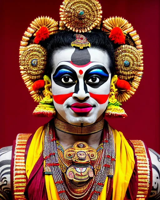 Prompt: photo of a dramatic Kathakali male dancer wearing elaborate makeup and full kathakali costume in the style of stefan kostic, realistic, sharp focus, symmetric, 8k high definition, insanely detailed, intricate, elegant, art by stanley lau and artgerm, William-Adolphe Bouguereau