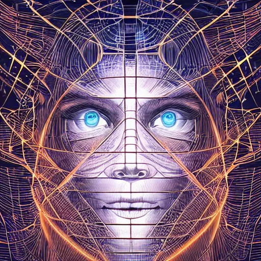 Image similar to beautiful portrait of intelligence, spatial space deformation in latent space, math art, digital circuits, wires, astral plane, by artgerm and dan mumford and gustave dore, ambient occlusion