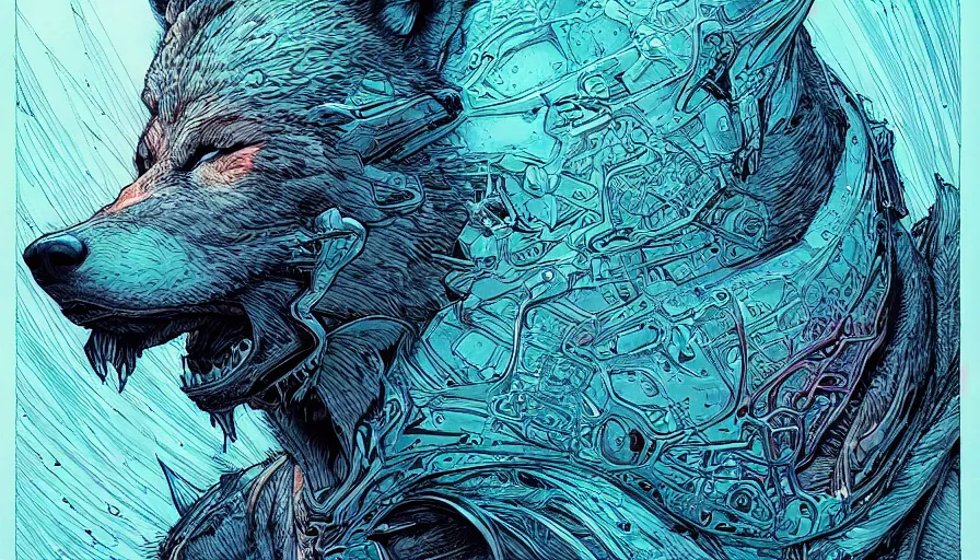 Image similar to humanoid bulky wolf warrior from elden ring by moebius and kilian eng, atmospheric, fine details, vivid, neon, masterpiece