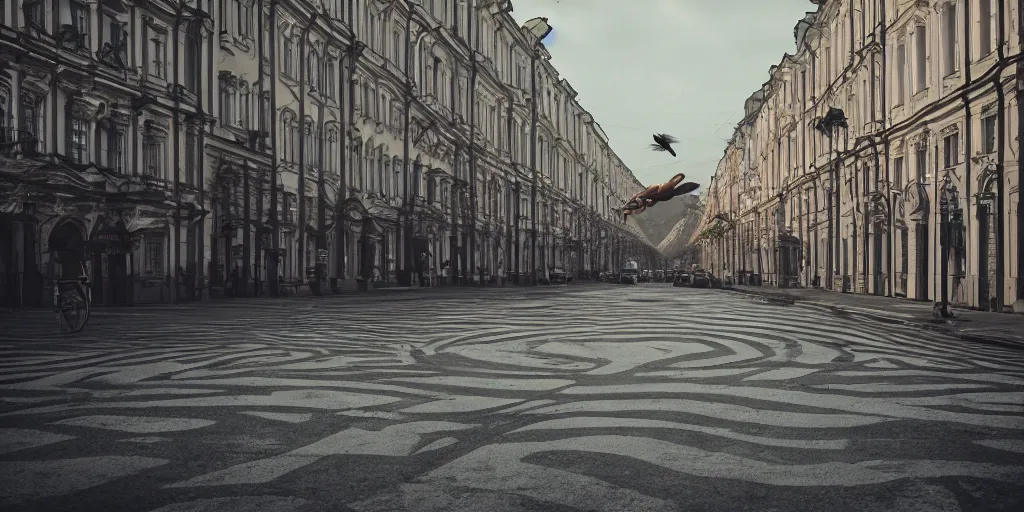 Image similar to cinematic street shot of a flying laputa city, saint petersburg, telephoto, anamorphic cinematography, beautiful composition, color theory, leading lines, photorealistic, moody volumetric lighting