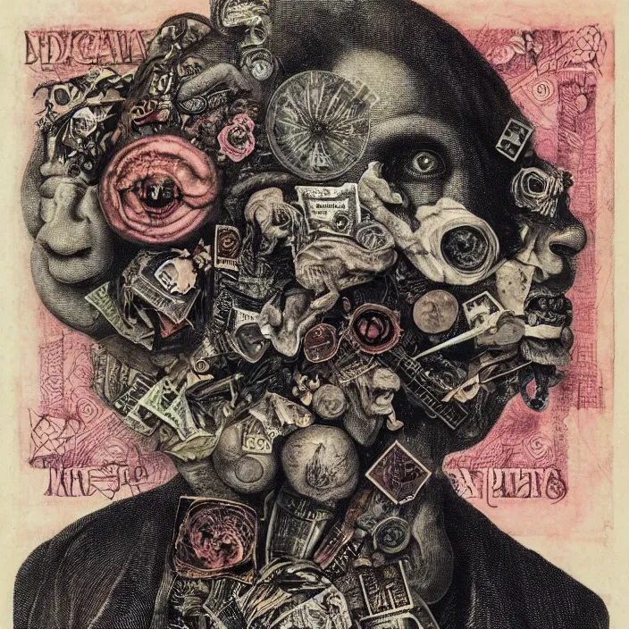 Prompt: post - punk album cover, asymmetrical design, dollar bank notes, capitalism, magic, apocalypse, psychedelic, black white pink, highly detailed, magic, giger h. r., giuseppe arcimboldo