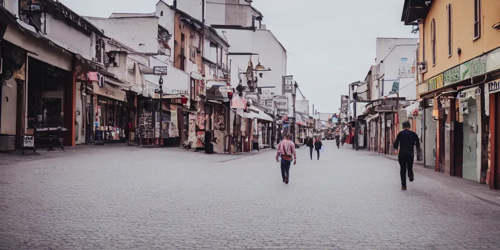 Prompt: a man walking in the town, wide - shot, professional color photograph