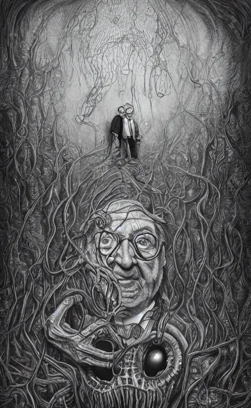 Image similar to lovecraftian mr rogers breaking into our reality by wayne barlow, stanley donwood, anton semenov, zdzislaw bekinski, hr giger, 8 k, fantasy, dark, highly detailed