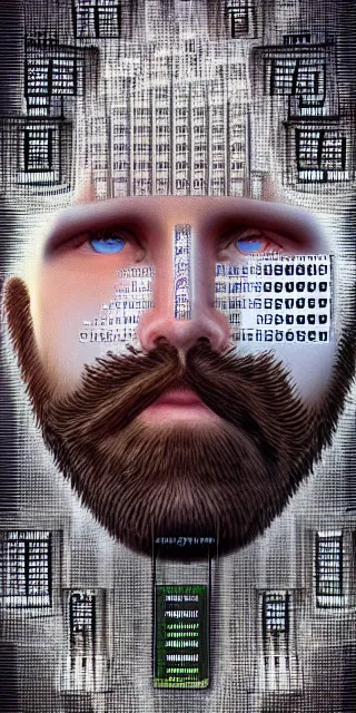 Image similar to cinematic dramatic movie poster of a short beard hypnotist, made of binary numbers and programming code, by peter gric, very artistic, artstation