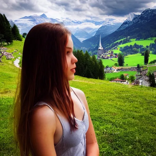 Image similar to a beautiful photograph of a girl with switzerland landscape in the background with trees, hdr, 8 k, high quality, sharp focus, artstation, highly detailed, award - winning, dramatic lighting, beautiful clouds, and nature