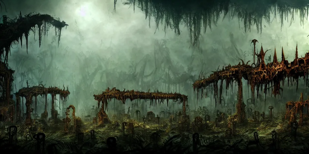 Image similar to shrouded in the rotting jungle are the mouths of the rust - caves of golgotha, chrome's graveyard, screenshot, concept art, retrofutistic, science fantasy, rpg, epic, extremely detailed, sharp focus, 4 k