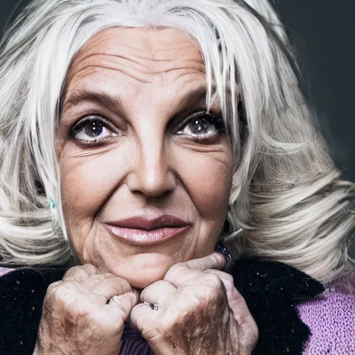 Prompt: old britney spears singer at age 9 0 years old, color ( sony a 7 r iv, symmetric balance, polarizing filter, photolab, lightroom, 4 k, dolby vision, photography award ), vogue, perfect face