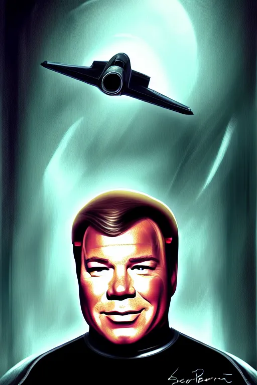 Prompt: a portrait of young william shatner as captain kirk sitting in the captains chair, dark, gothic, sci - fi, portrait, figurativism, muted colors, digital painting in the style of bastien lecouffe - deharme, trending on artstation, detailed