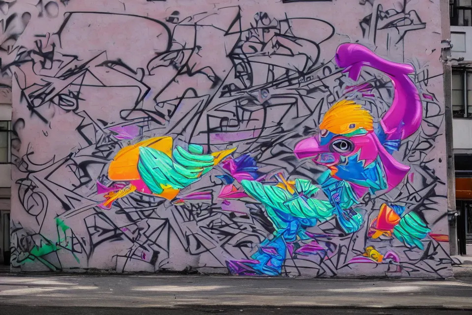Prompt: graffiti by birdo, alex maksiov and john pugh, anamorphic, depth, vibrant